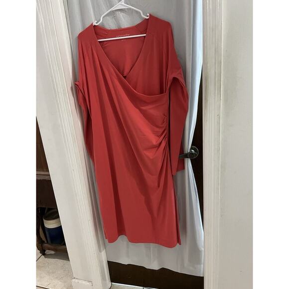 Soft Surroundings Coral Pink Midi Faux Wrap Ruched Side Dress Sz Tall L - Picture 1 of 7